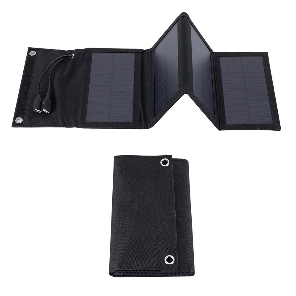 7W foldable solar charger — open and folded panel