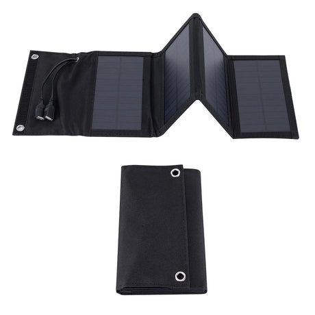 7W foldable solar charger — open and folded panel