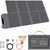 Eight-section 80W foldable solar panel with grey carry bag and connection leads