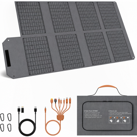 Eight-section 80W foldable solar panel with grey carry bag and connection leads