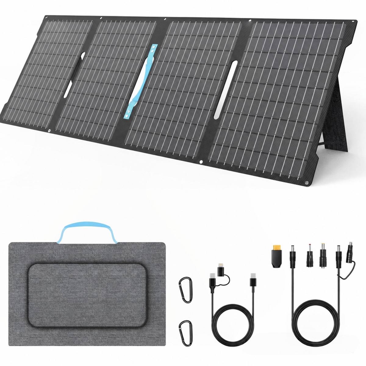 80W four-section folding solar panel with blue handle and charging accessories