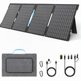 80W four-section folding solar panel with blue handle and charging accessories