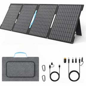 80W four-section folding solar panel with blue handle and charging accessories