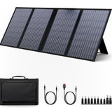 Black fabric four-section solar panel with cables and DC adapter options