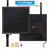 3.7-4.2V solar supply variant with front and rear panel views, bracket and mounting fasteners