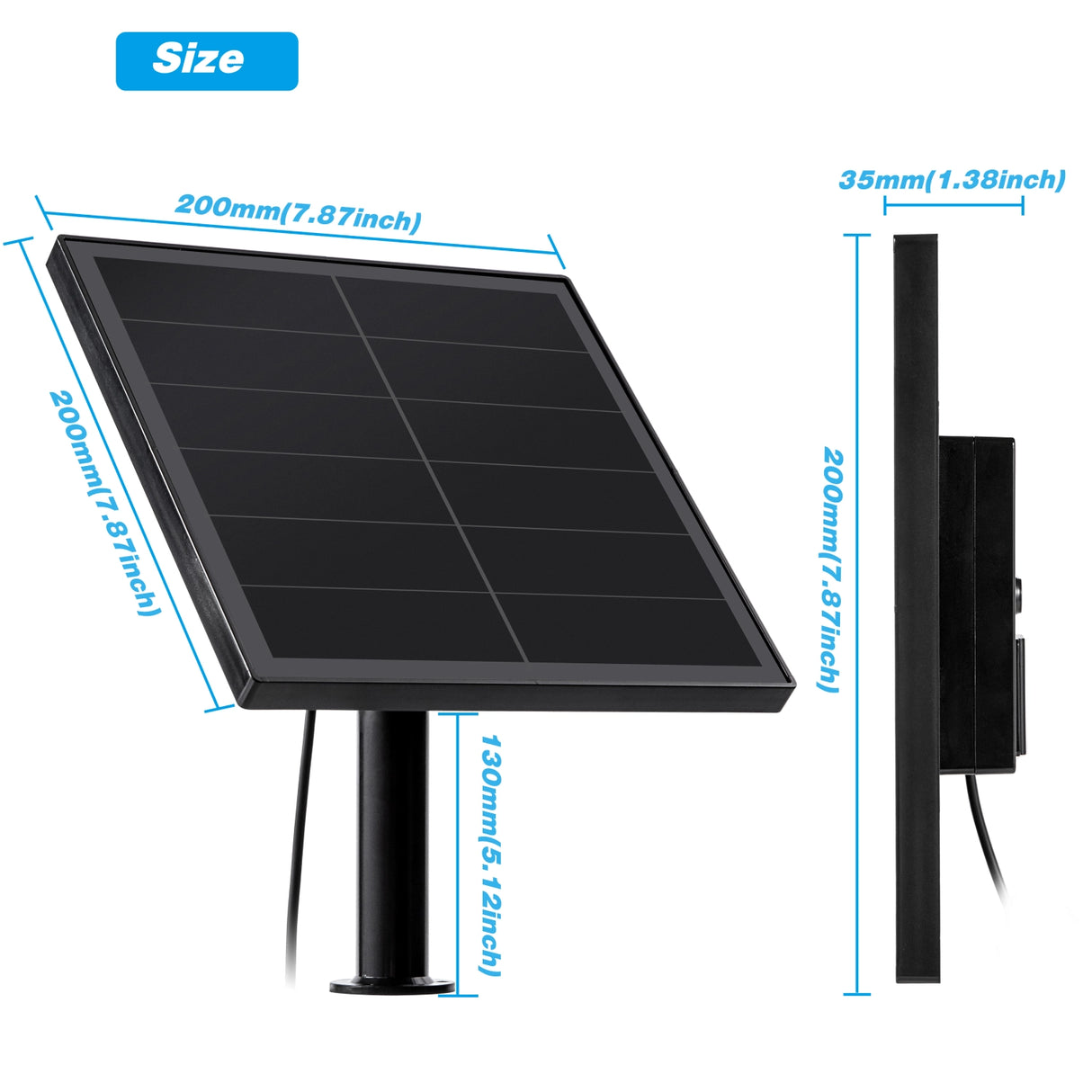 8W solar panel size diagram showing 200mm and 35mm thickness