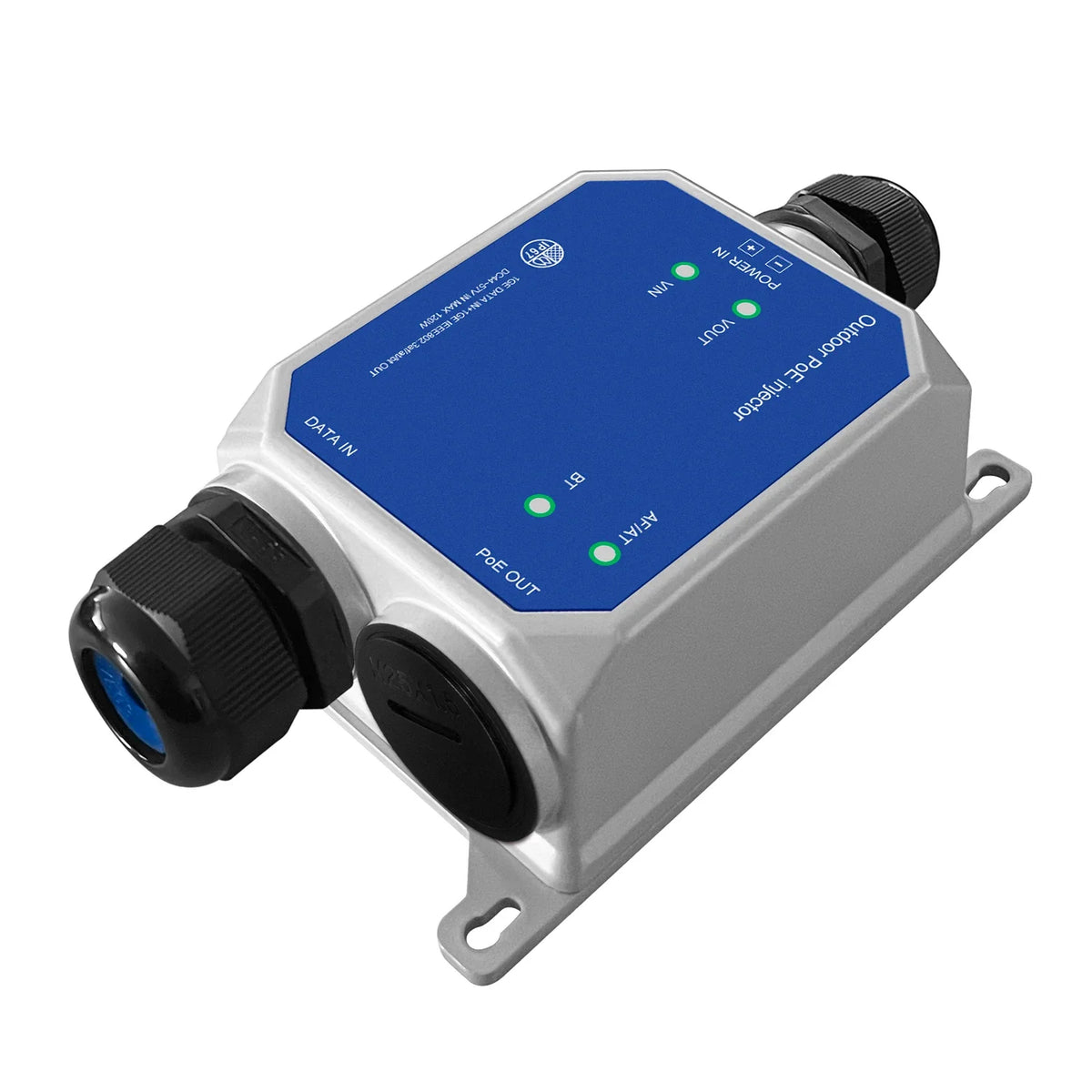 Angled view of the outdoor 2.5G and 10G PoE injector