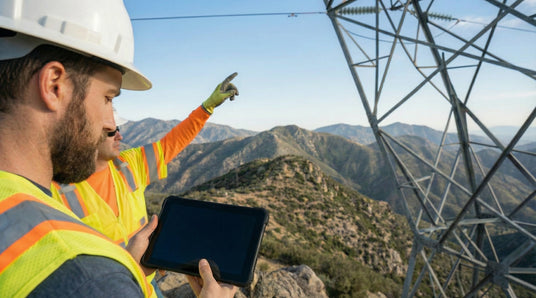 Engineers with a tablet inspecting a transmission tower in the mountains.