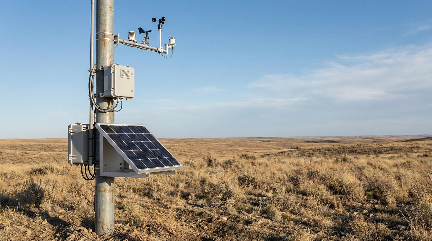 Remote solar power system supporting an environmental monitoring station with a solar panel, charge controller enclosure, and outdoor battery storage.