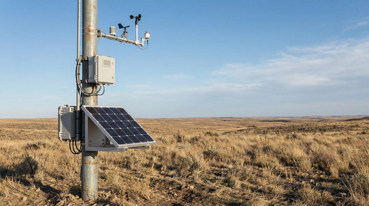 Remote solar power system supporting an environmental monitoring station with a solar panel, charge controller enclosure, and outdoor battery storage.