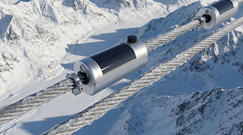 Solar sensors on icy transmission lines in a snowy mountain range.