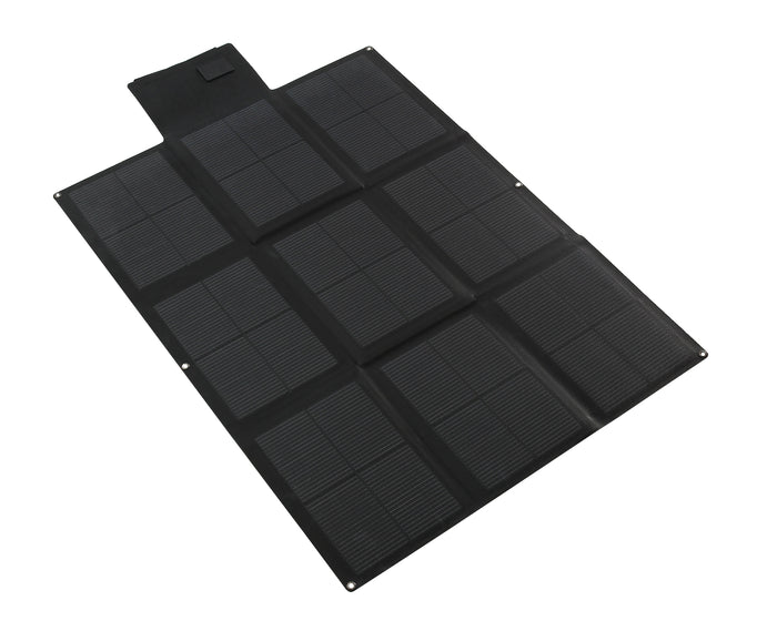 A large, black foldable solar blanket fully unfolded, showing a grid of nine rectangular solar cell sections against a white background.