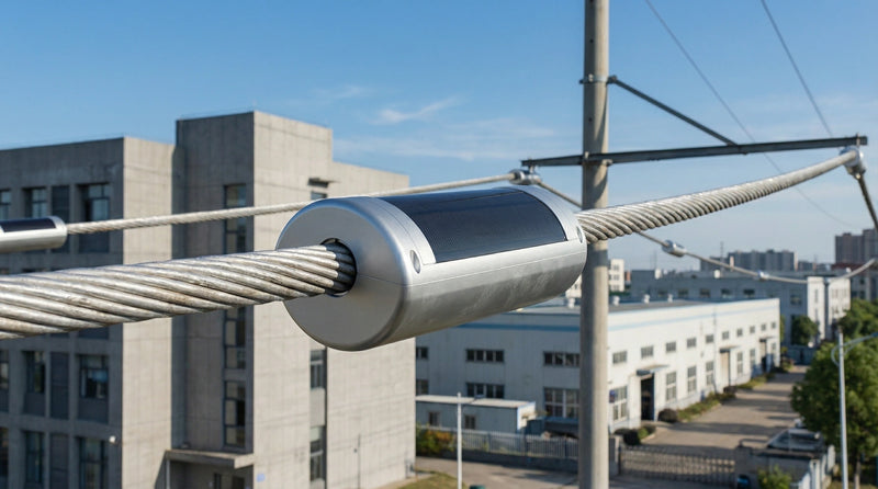 LS-7V4JK overhead line power platform clamped around a conductor with its integrated solar surface exposed to daylight.