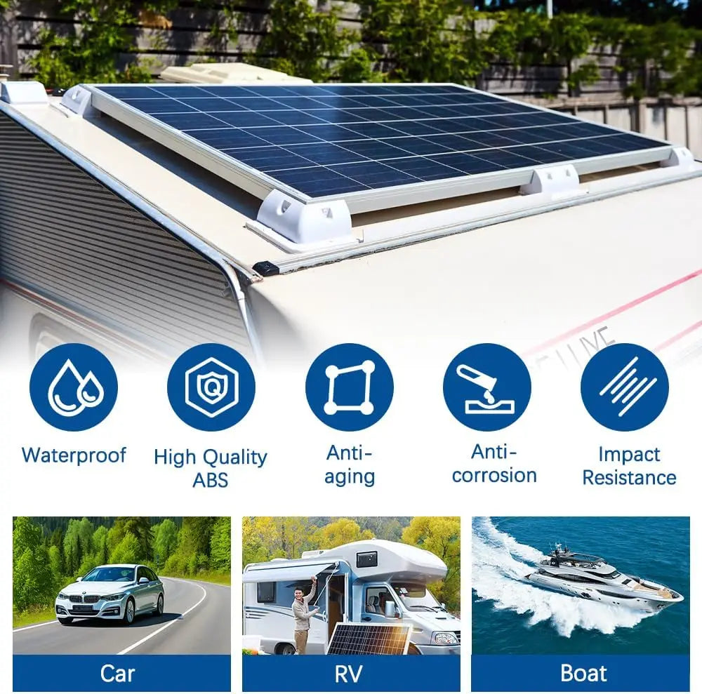 White ABS solar panel mounts shown with car, RV, and boat applications