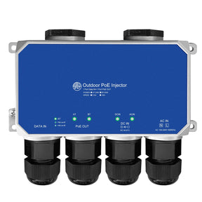 AC/DC outdoor PoE injector front panel with four cable glands