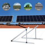 Adjustable solar panel mount bracket showing RV, roof, ground, and wall installation applications