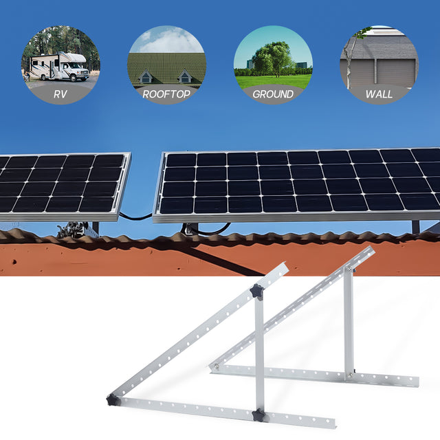 Adjustable solar panel mount bracket showing RV, roof, ground, and wall installation applications