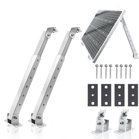 Adjustable solar panel tilt bracket kit with support legs, feet, plates, and fasteners