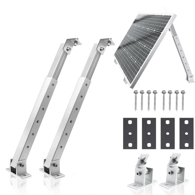 Adjustable solar panel tilt bracket kit with support legs, feet, plates, and fasteners