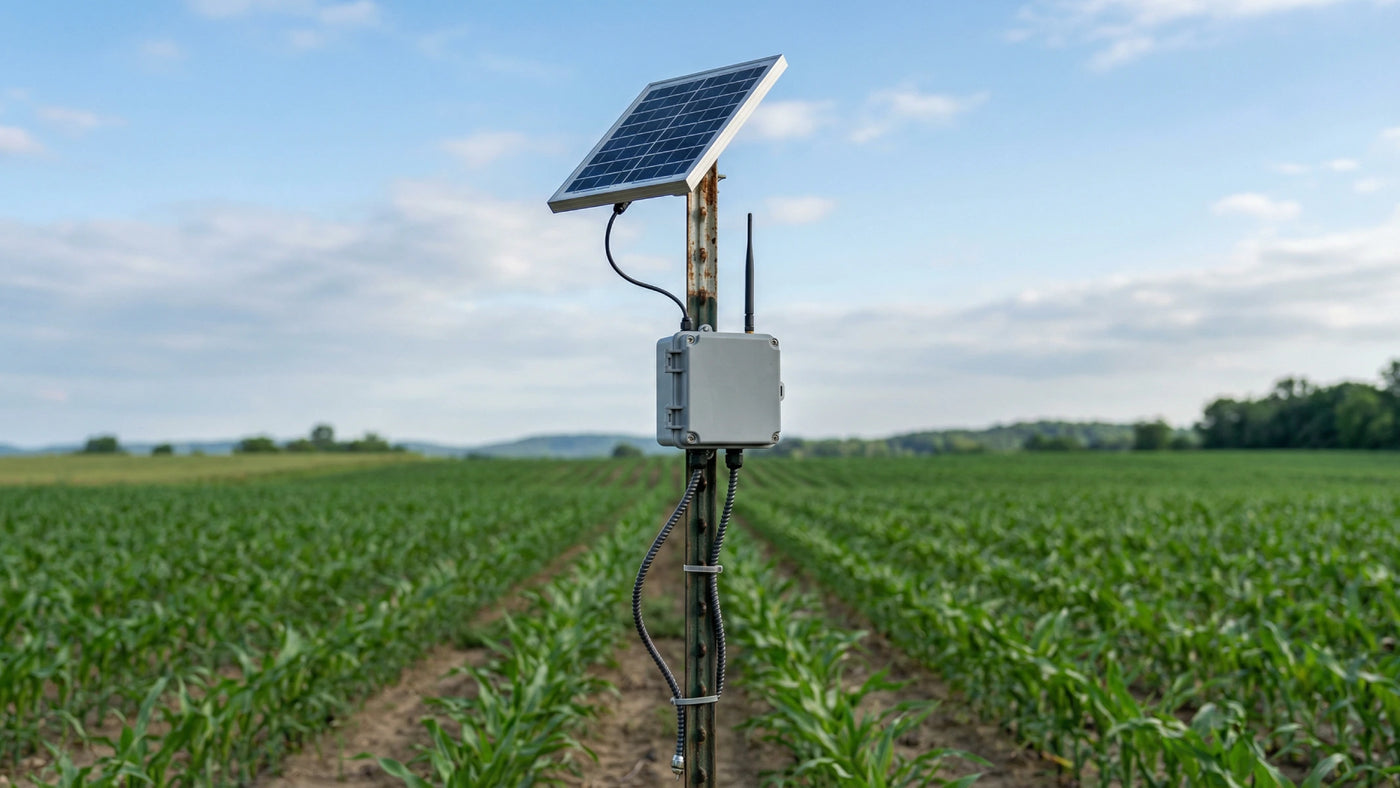 Precision agriculture IoT sensor node with solar panel on T-post in crop field