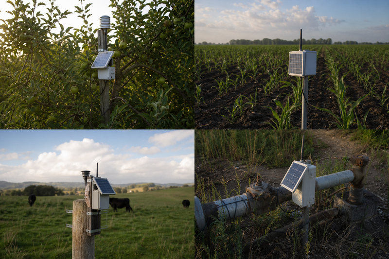 Representative agriculture sensor deployments across orchard, field, pasture, and irrigation settings.
