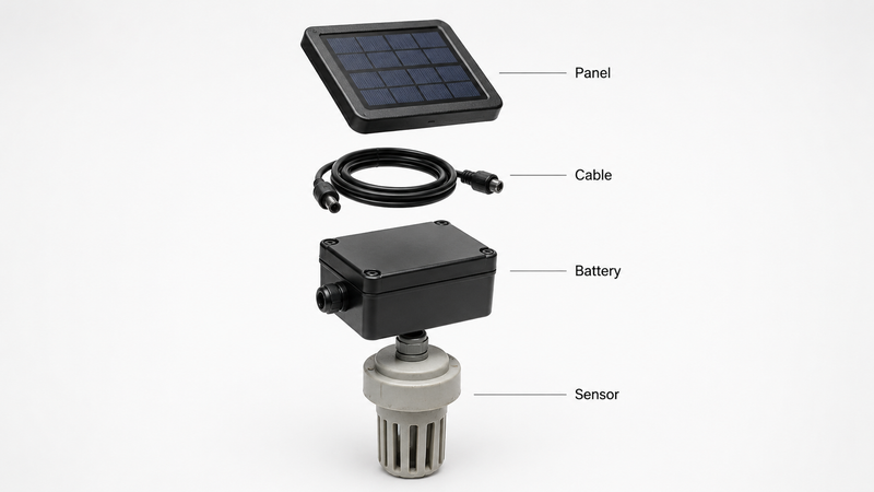 Reference layout of weather-resistant solar power components for an agriculture sensor.