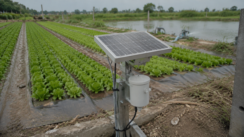 Representative compact solar panel powering a generic agriculture sensor beside crop rows.