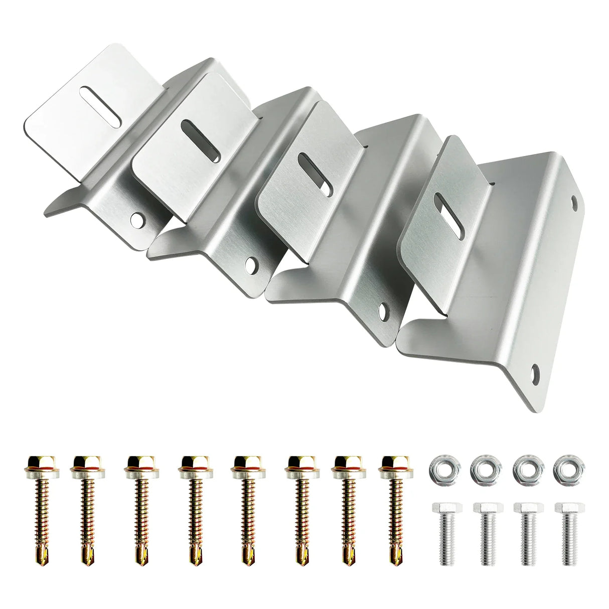 Eight aluminum solar Z brackets with mounting bolts and washers