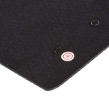 Back corner close-up showing screw hole and red positive (+) marker.