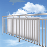 Rear view of the panel suspended from balcony hooks against a blue-sky background.