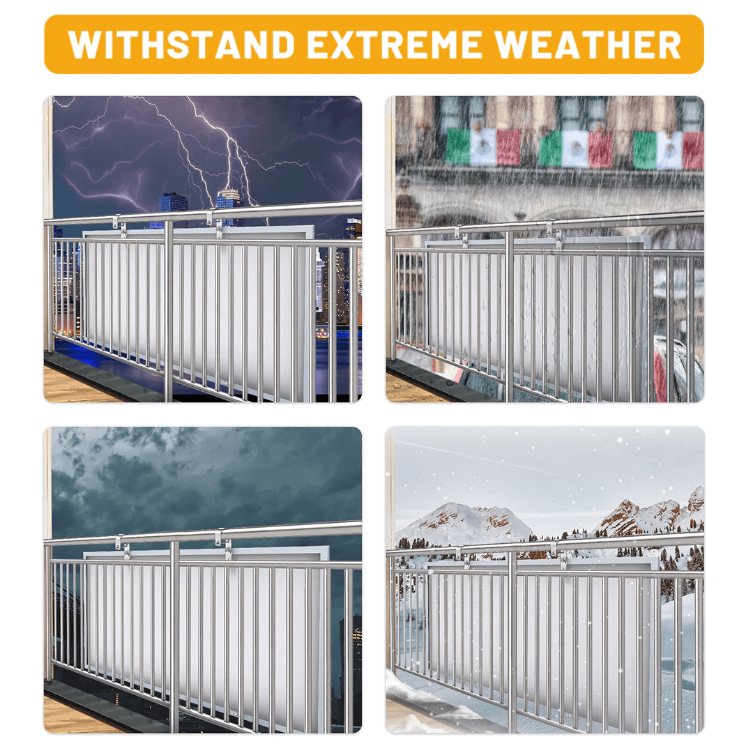 Balcony-mounted panel using two hooks shown in rain, snow, wind, and lightning scenarios.