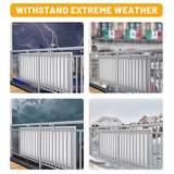 Balcony-mounted panel using two hooks shown in rain, snow, wind, and lightning scenarios.