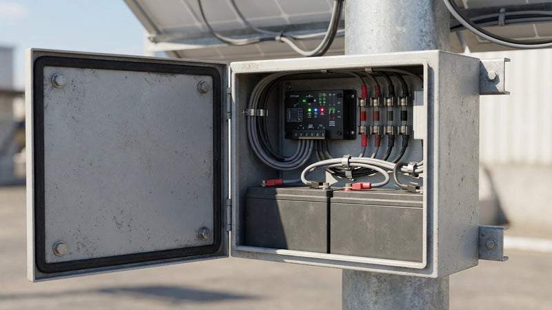 Open weatherproof enclosure containing a battery bank, charge controller, fused outputs, and organised field wiring on a solar-powered remote site.