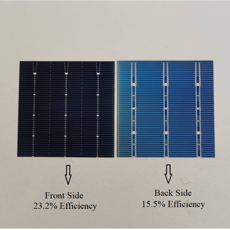 Front and back sides of a bifacial PERC solar cell with efficiency labels