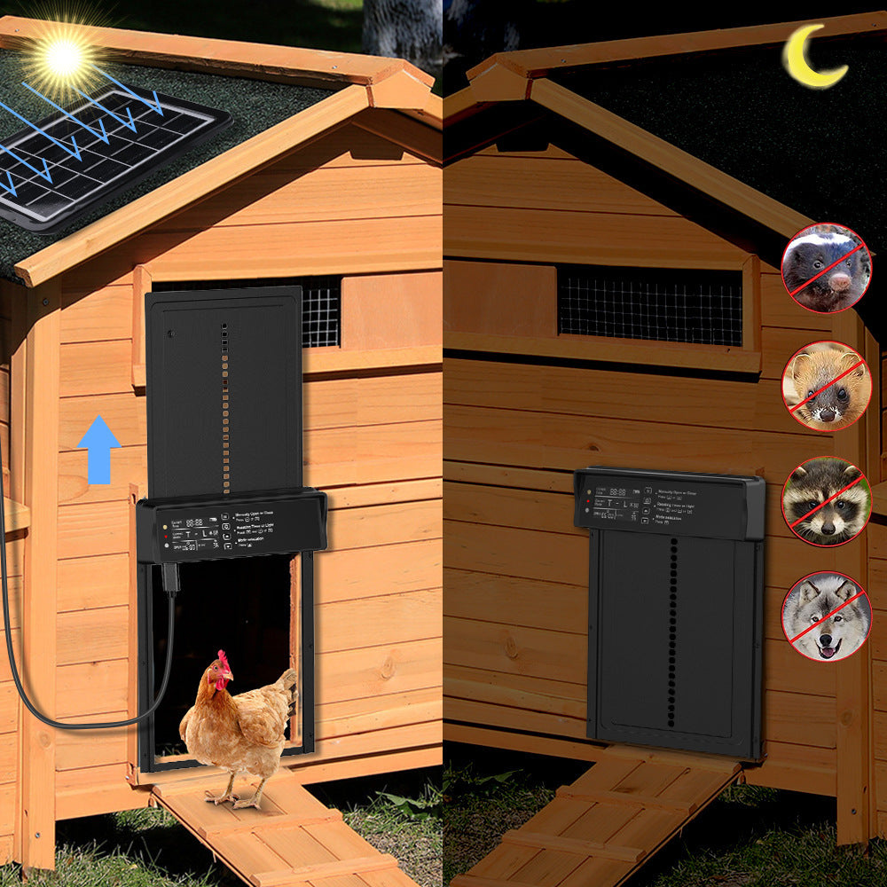Black coop door installed on a wooden house with daytime and nighttime views