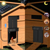 Black coop door installed on a wooden house with daytime and nighttime views