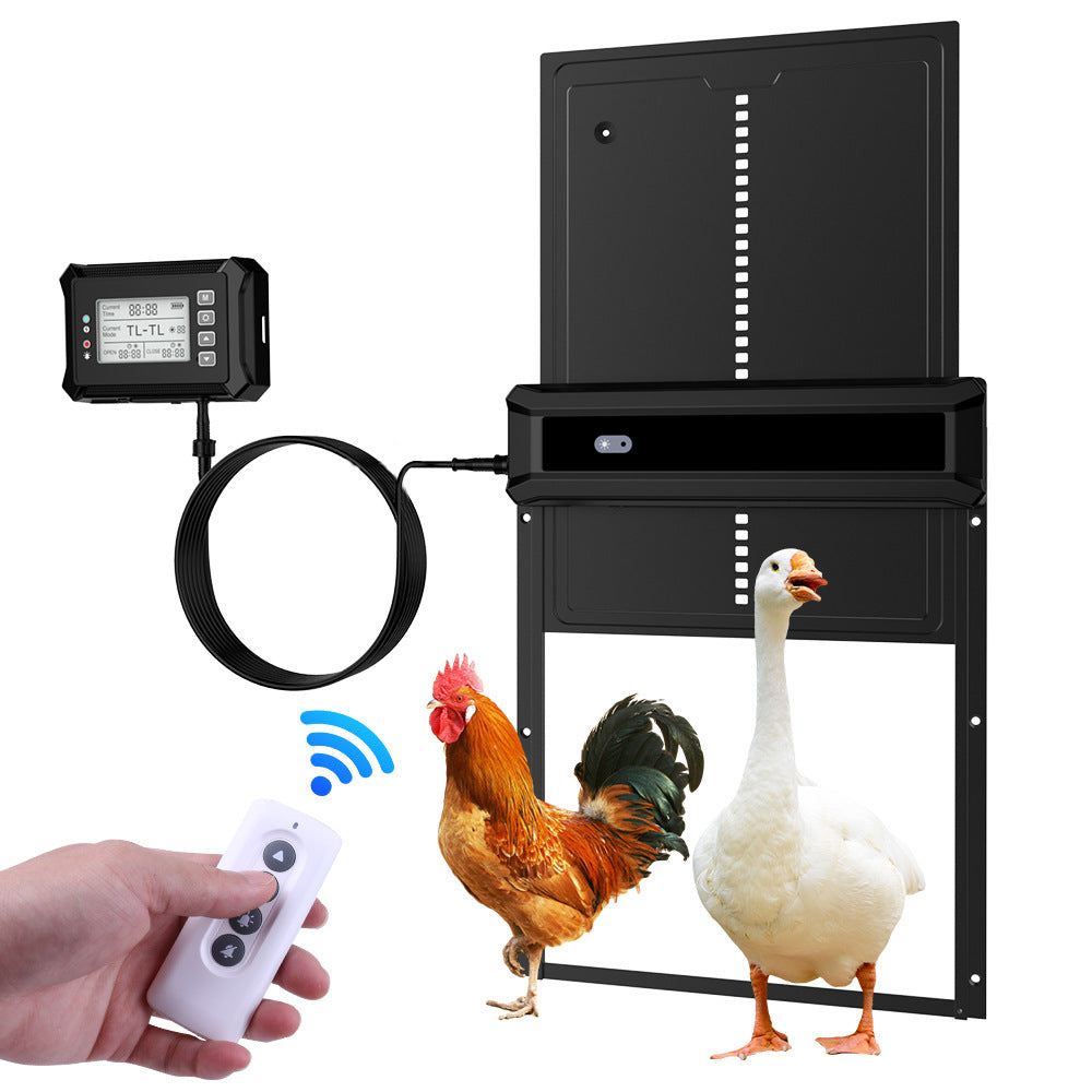 Black coop door with external control box, cable and handheld remote