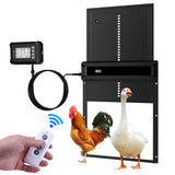 Black coop door with external control box, cable and handheld remote