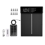 Black coop door configuration with LCD controls, solar panel, remote, cable and screws