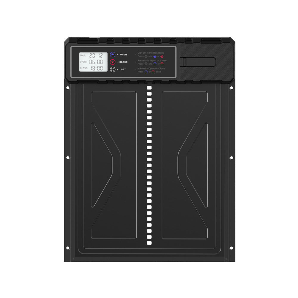 Front view of black coop door with reinforced panel and digital timer controls