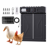 Black reinforced-panel coop door configuration with solar panel, remote and fixing screws