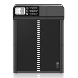 Black coop door with rounded top controller, display and three operating buttons
