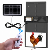 Black coop door with solar panel, remote control and a rooster in the opening
