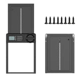 Black timer coop door front and rear views with round controller housing and fixing screws