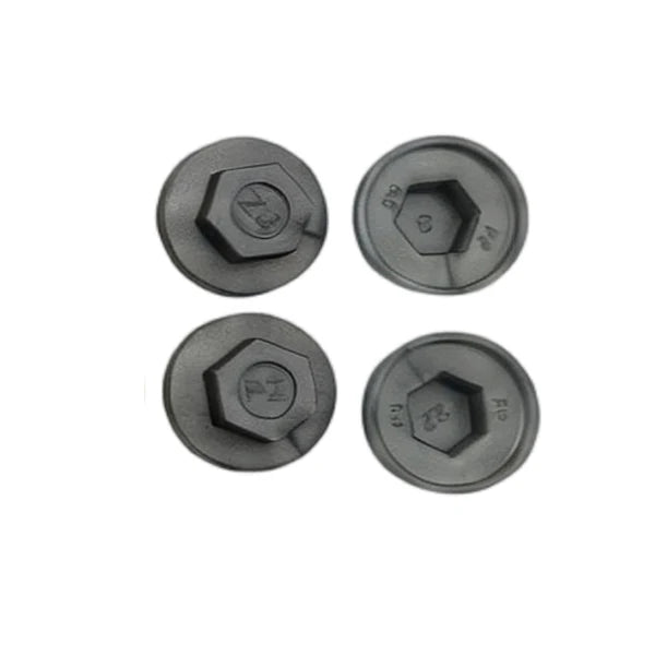 Black plastic hex head screw caps shown from top and underside