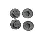 Black plastic hex head screw caps shown from top and underside