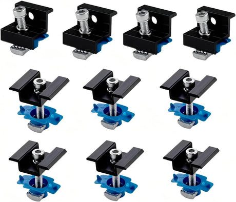 Four black end clamps and six black mid clamps for solar panels
