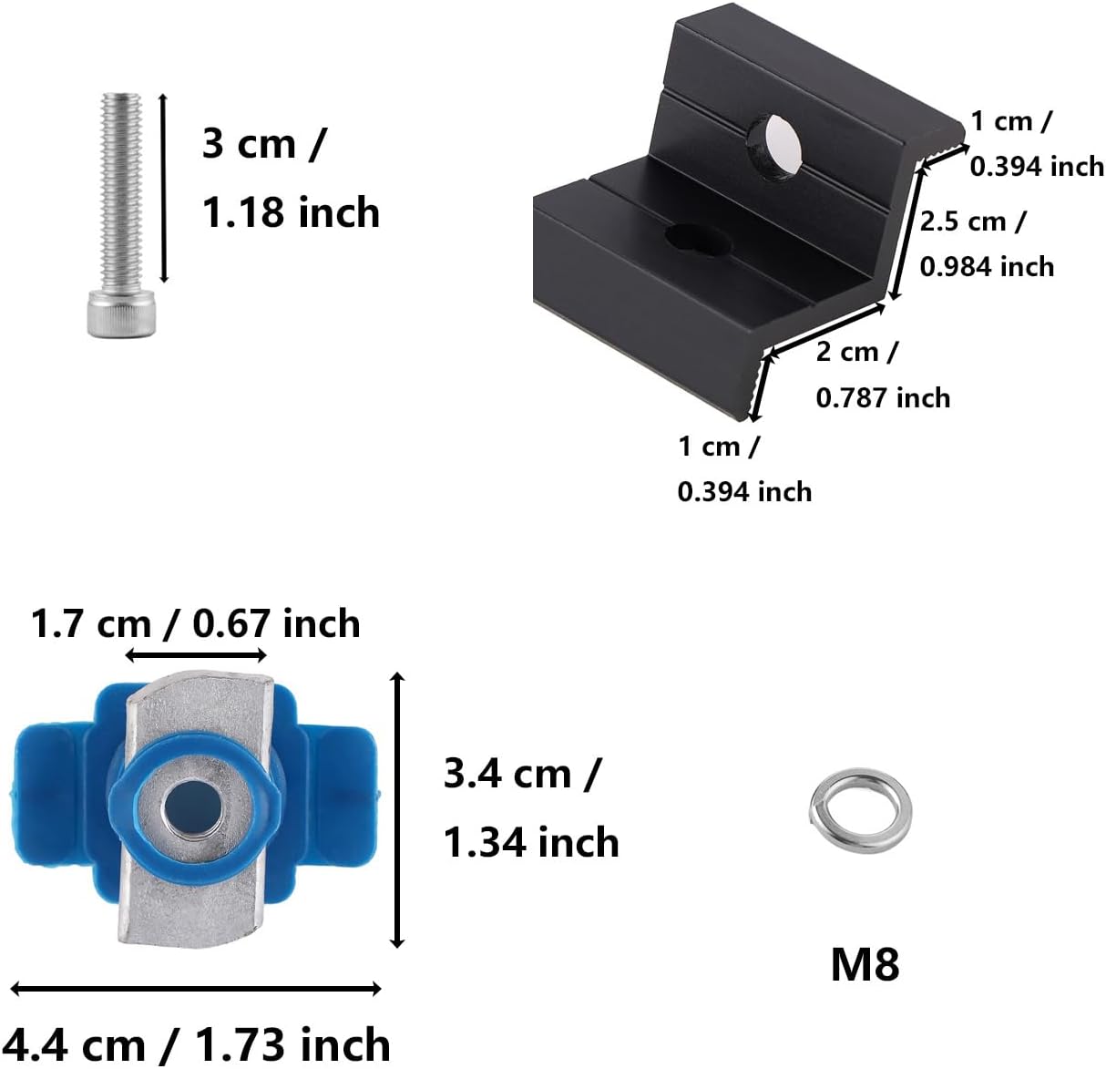 Black two-hole solar panel end clamp and mounting hardware details