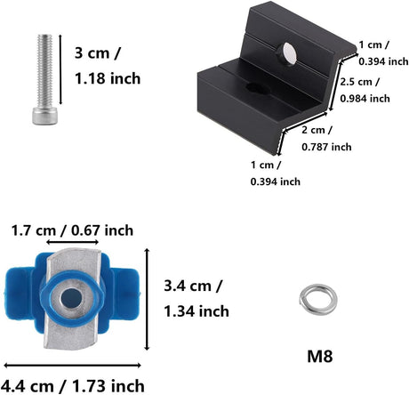 Black two-hole solar panel end clamp and mounting hardware details