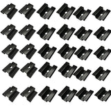 Multiple black solar panel mid clamps arranged in top and underside views